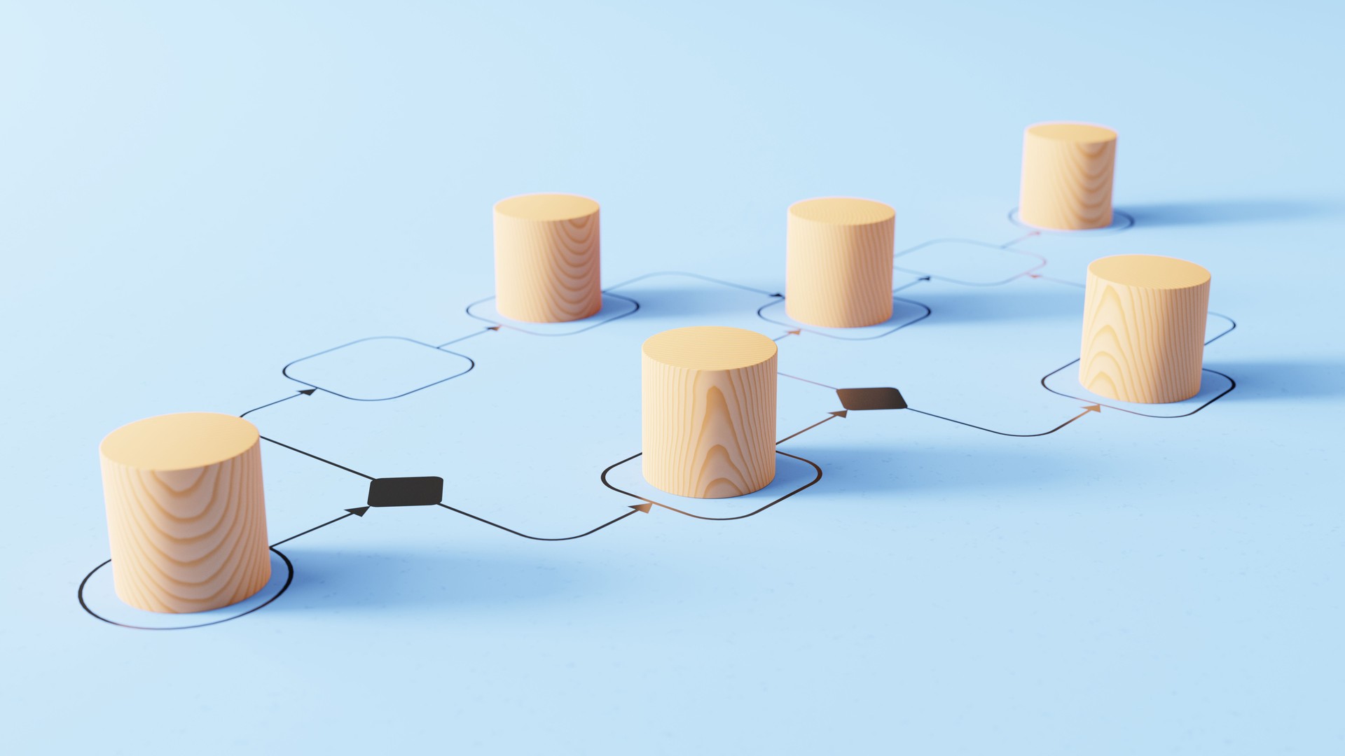 Business process management and automation concept with wooden pieces on flowchart diagram. Workflow implementation to improve productivity and efficiency. Management and organization.